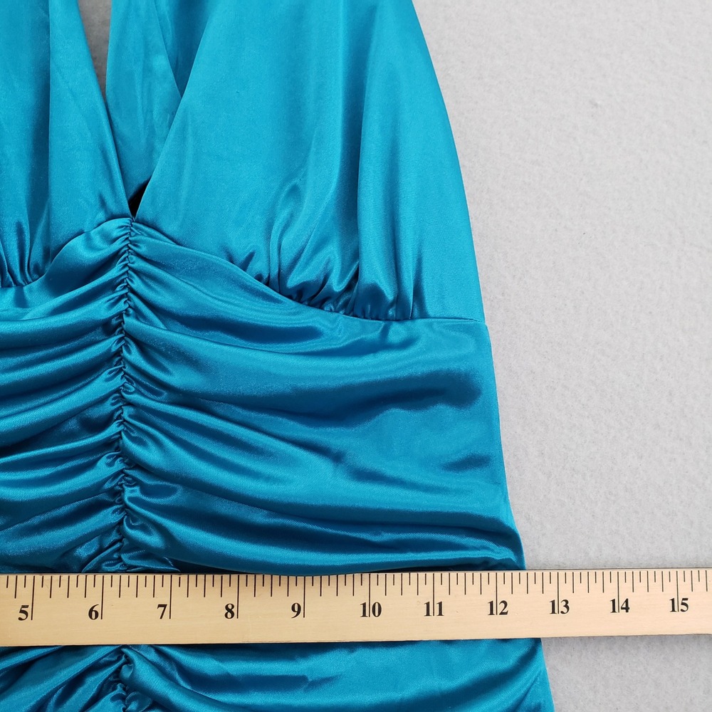 Vtg Jodi Kristopher Teal Blue Satin Halter Dress M Ruched Pleated Y2K Prom READ - Picture 8 of 15